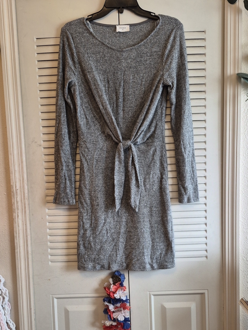 Everly Ribbed Tie-Front Long Sleeve Dress - Gray Size S